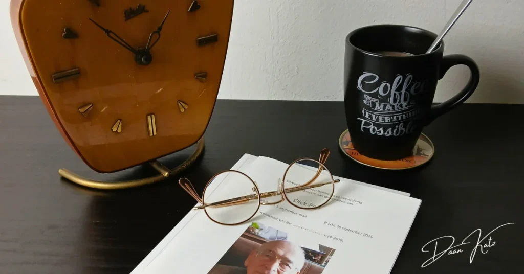 A desk with a clock, a pair of eyeglasses atop documents, and a coffee mug with motivational text sits on a coaster—as if inviting writing through grief or crafting a bilingual elegy in the quiet morning light.