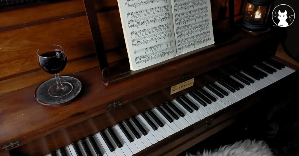 A glass of red wine sits on an antique piano next to open sheet A quiet, intimate scene with candlelight and sheepskin rug— a visual reflection of true Romanticism.