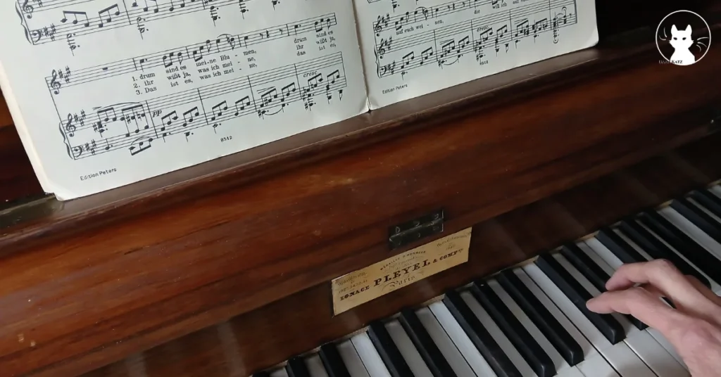 Close-up of an antique piano and sheet music under soft light; a nod to Schubert’s emotional truth and the spirit of Romanticism.