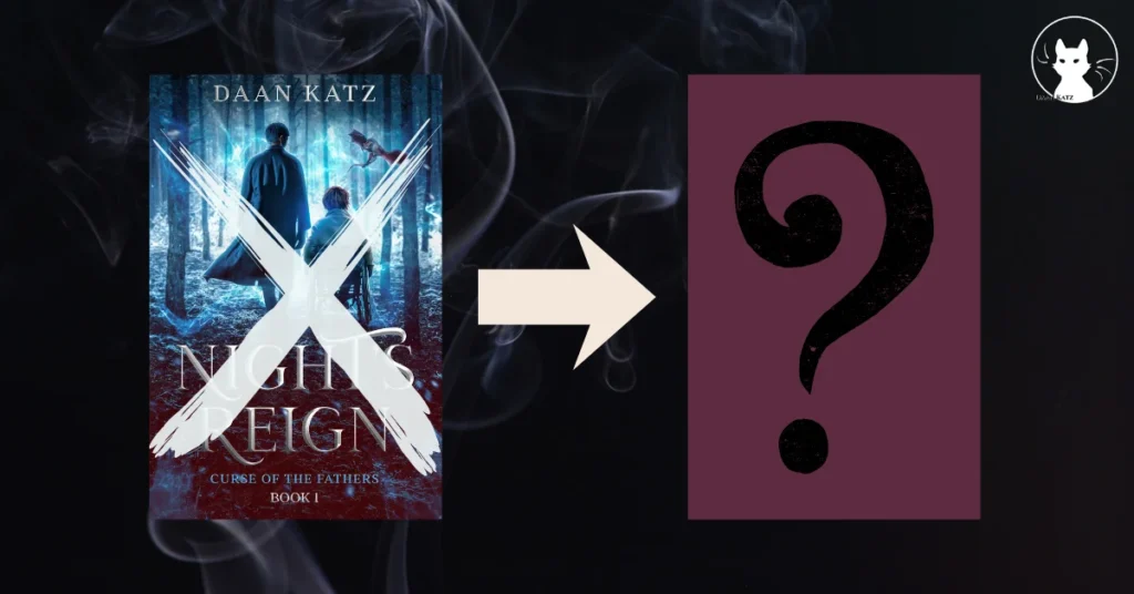 The existing cover of Night’s Reign crossed out, with an arrow pointing to a blank placeholder marked with a question mark to show that a new cover is coming.