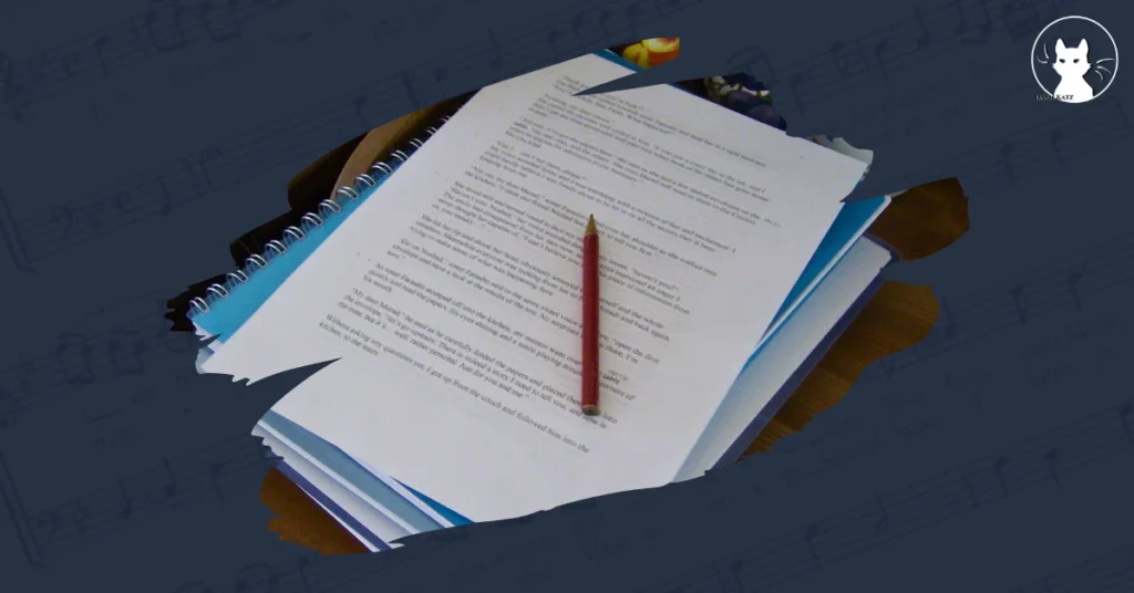 A manuscript page with a red editing pencil, set against blurred musical notation, hinting at revised editions for a clearer literary speculative fiction presentation.