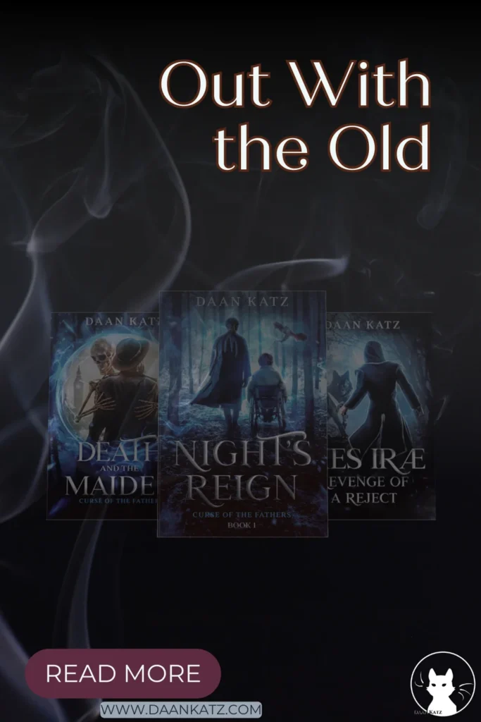 The current book covers fading behind dark smoke with the text ‘Out with the Old’, signalling the transition to new book covers and a refreshed visual identity.